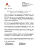AFRICA OIL ANNOUNCES RESULTS OF SHARE BUYBACK PROGRAM AND UPDATED SHARE CAPITAL (CNW Group/Africa Oil Corp.)