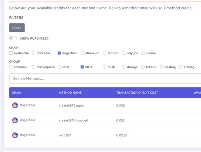 Adding transaction method credits for performing Soulbound Tokens smart contract creation and SBT minting on the Dogechain blockchain using idexo's simple Transaction Credit and Method Credit system