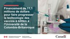 Le gouvernement du Canada annonce un financement pour l'avancement de la technologie des vaccins à ARNm à l'Université de la Colombie-Britannique
