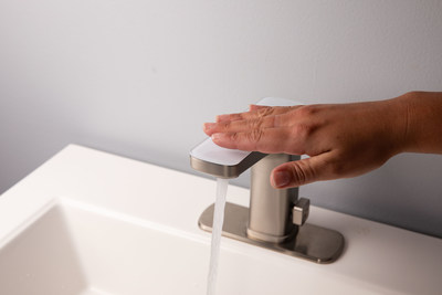 The Grove faucet features motion and touch activation, an LED temperature display, and a built-in hand-washing timer.