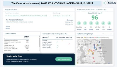 Archer's expanded platform includes a Property Details page which lets users view the specifics of a property they are interested in. Information on sales, financial and rent comps, as well as how well a property matches with a user's strategy, is all clearly displayed.