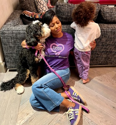 Journalist and Emmy Award-winning talk show host, Tamron Hall, continues to share her personal message and importance of the Purple Leash Project mission with her new puppy, Exodus, by her side