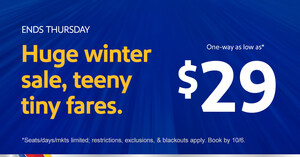 WANNA GETAWAY FOR AS LOW AS $29 ONE-WAY? SOUTHWEST AIRLINES ANNOUNCES LARGEST WINTER SALE OF THE YEAR