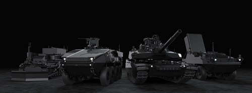 Rendering of General Dynamics Land Systems' TRX Breacher, StrykerX, AbramsX and Stryker Leonidas.