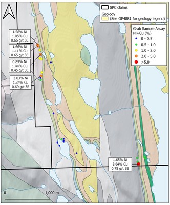 Figure 4: Geological plan map of the Western Margin of the Main Muskox Intrusion showing the location of samples collected in 2022. Samples are scaled and colored based on Ni+Cu% grade. PGM vales are presented as Pt+Pd+Au g/t. (CNW Group/SPC Nickel Corp.)