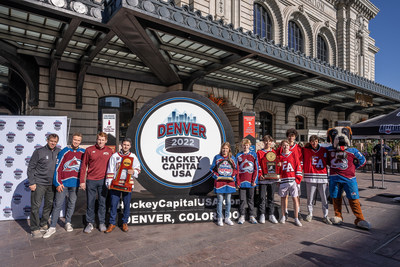 Members of all four of Denver's 2022 championship hockey teams celebrate the city's title as Hockey Capital USA outside Union Station on Thursday, Oct. 6, 2022. (Brent Andeck/For VISIT DENVER)