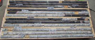 Figure 4A. Spodumene bearing Lithium Pegmatite intersection in drill hole MZSW-21-02 (Core Interval from 172 to 189 m) (CNW Group/Rock Tech Lithium Inc.)
