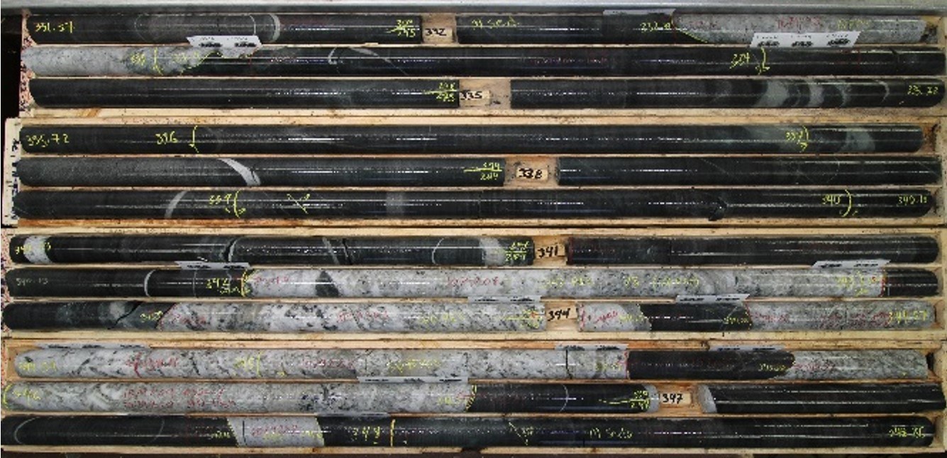Figure 4B. Spodumene bearing Lithium Pegmatite intersections in drill hole NC-22-16 (Core Interval from 331.4 to 348.9 m) (CNW Group/Rock Tech Lithium Inc.)