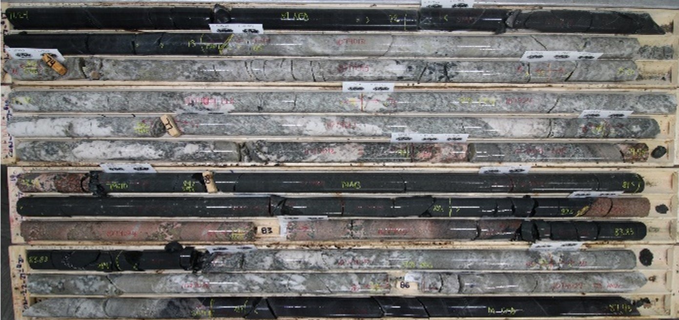 Figure 4C. Spodumene bearing Lithium Pegmatite intersections in drill hole CON-22-27 (Core Interval from 71 to 88 m) (CNW Group/Rock Tech Lithium Inc.)