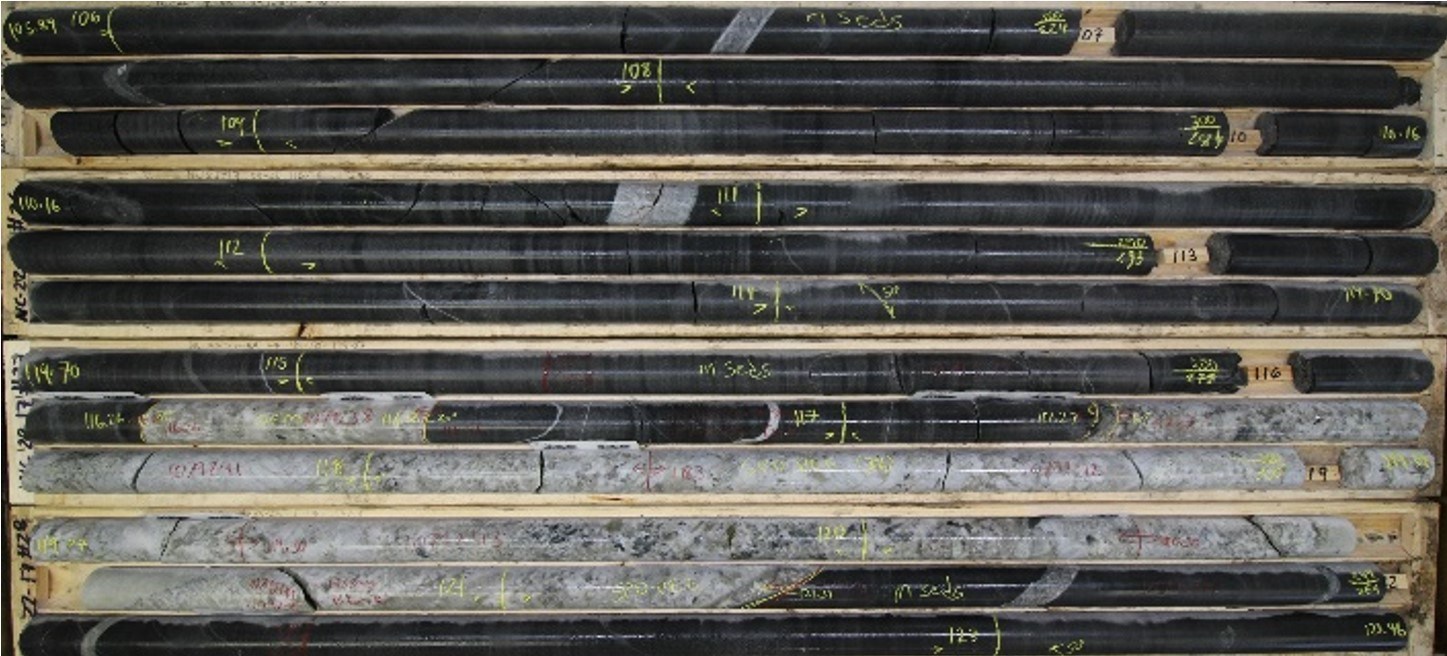 Figure 4D. Spodumene bearing Lithium Pegmatite intersections in drill hole NC-22-17 (Core Interval from 106 to 123.5 m) (CNW Group/Rock Tech Lithium Inc.)