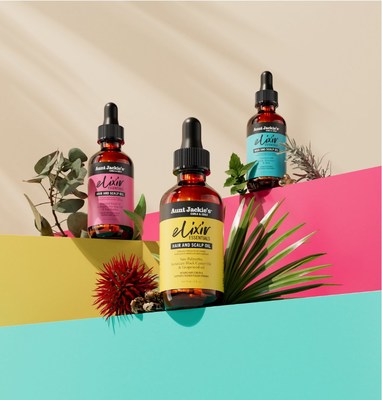 Aunt Jackie's Curls and Coils Elixir Essentials - a hair and scalp oil trio formulated with natural ingredients including Biotin, Rosemary, Collagen, Tea Tree Oil, and Jamaican Black Castor Oil to provide moisture while supporting thicker fuller strands and protective styles.