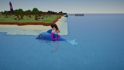 Ride a dolphin as you visit outlying islands to find artifacts and collect resources.