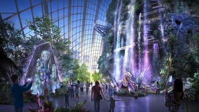 Visitors will be welcomed by the iconic cascading waterfall at Cloud Forest with a signature perched banshee sculpt and event logo display, as they embark on a journey through the wonders of Pandora. (PRNewsfoto/Cityneon Holdings)