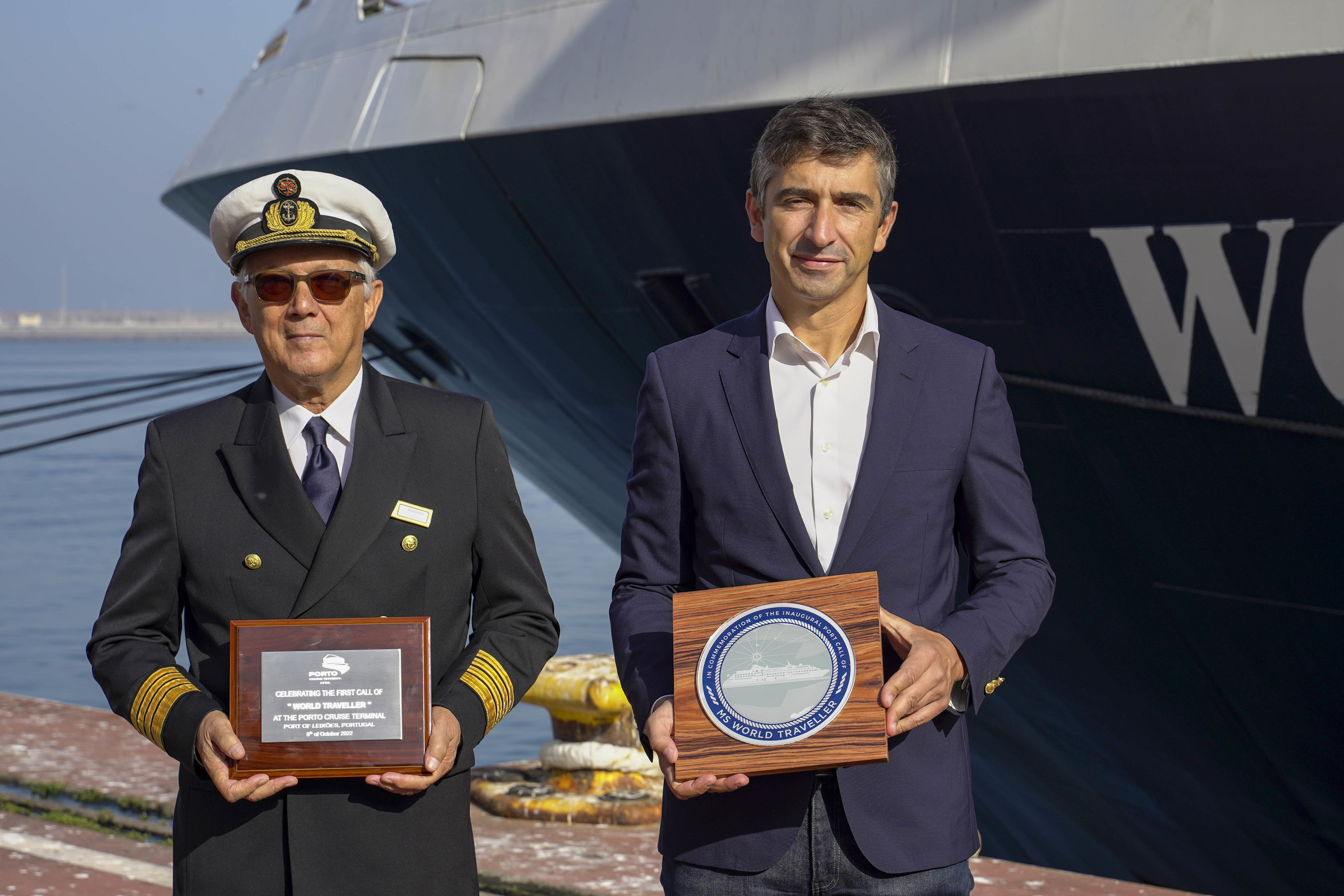 Atlas Ocean Voyages’ new 200-guest World Traveller was warmly welcomed to the Port of Leixões, Portugal, where the ship was showcased to international travel partners and media. Pictured here is Nuno Araújo, chairman of the Board of Directors, Leixões Port Authority, and Captain Amadeu Albuquerque, head of Fleet Operations for Mystic Invest, Atlas’ parent company  (Image at LateCruiseNews.com - October 2022)