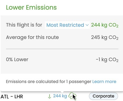 The TripEasy Carbon Emissions Calculator evaluates several variables to automatically calculate carbon emissions levels. Details by flight, route and cabin class are clearly delineated so that travel arrangers and business travelers can make decisions in keeping with carbon footprint goals and corporate travel policy.