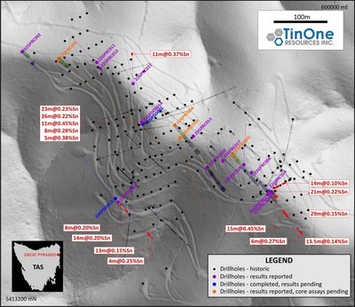 Great Pyramid drilling plan. Holes reported in this release are labelled.  Historic drill collars and traces (for angled holes) are also shown. (CNW Group/TinOne Resources Corp.)
