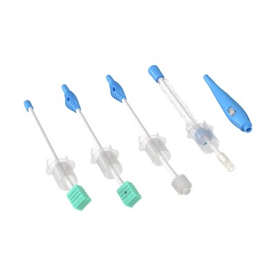 Integrated protective guard appliances: applicator swab, suction swab, silicone toothbrush, Yankauer with silicone tip and yankauer handle (shown left to right)