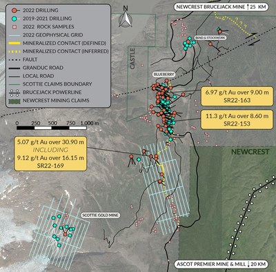 Figure 2: Overview plan view map of the Scottie Gold Mine Project, illustrating the distribution of the most recent results, and the overall scope of the 2022 drill and the completed 2022 loop electromagnetic geophysical grids. (CNW Group/Scottie Resources Corp.)