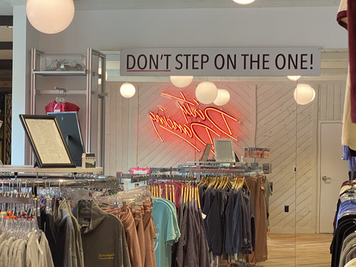 The new Kellerman’s Gift Shop at Mountain Lake Lodge – where ‘Dirty Dancing’ was filmed 35 years ago – pays tribute to the movie’s renowned dance studio with nods around the store including the décor, lighting, a replica of Baby’s dance shoes, and this “Don’t Step On The One!” sign.