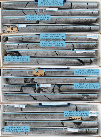 Figure 6. Drill core assay values from REG 22-01 between 459.5 m to 468.5 m. (CNW Group/Regency Silver Corp)