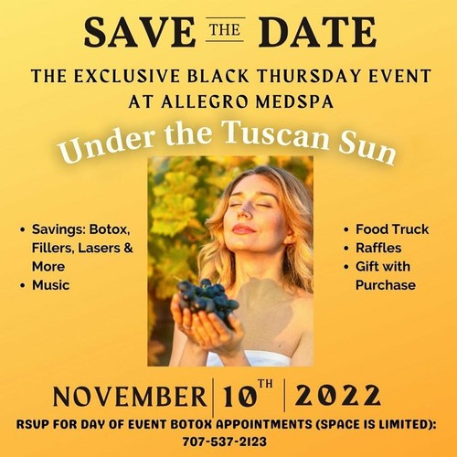 Allegro MedSpa announces their festive Black Thursday Event, "Under the Tuscan Sun," featuring specials on popular cosmetic treatments, procedures, and products.