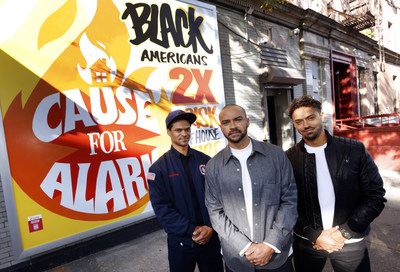 Jesse Williams, center, is joined by his brothers, Matt Williams, right, and Coire Williams, a firefighter, at the launch of Kidde’s new fire safety campaign, Cause For Alarm™, Wednesday, Oct. 12, 2022, in the Bronx borough of New York. The campaign is informing communities on the need to have life-saving smoke alarms and a fire escape plan to protect yourself, your neighbors and firefighters from the devastating effects of a fire. To learn more about the campaign and how you can get involved, visit CauseForAlarm.org. (Photo by Jason DeCrow/Invision for Kidde/AP Images)