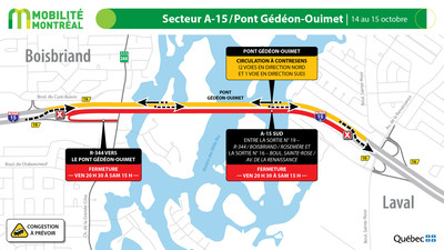 Secteur A-15 / pont Gédéon-Ouimet, 14 au 15 octobre (Groupe CNW/Ministère des Transports)