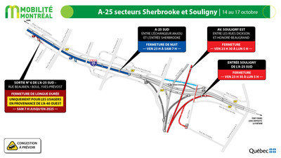 A-25 secteurs Sherbrooke et Souligny, 14 au 17 octobre (Groupe CNW/Ministère des Transports)