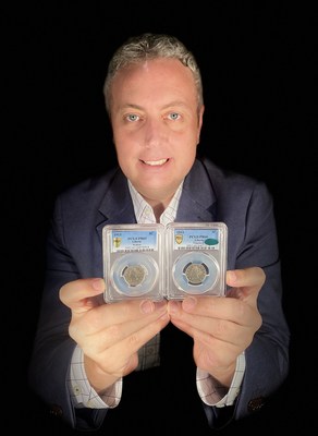 Ian Russell, president of GreatCollections in Irvine, California holds two multi-million-dollar, rare U.S. 1913 Liberty Head nickels he has purchased in the past year, including the one on the left he just acquired from a Florida family for $4.2 million. Only five 1913-dated Liberty Head nickels are known. (Photo courtesy of GreatCollections.)