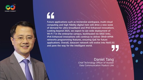 Daniel Tang, director de tecnología de la Línea de Productos de Comunicaciones de Datos de Huawei, ofrece un discurso titulado "Intelligent Cloud-Network, dirigiendo la innovación digital del futuro" (PRNewsfoto/Huawei)