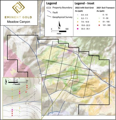 Figure 2. Meadow Canyon simplified geologic map with planned geophysical survey overlaid with an inset map of the tight soil grid. (CNW Group/Eminent Gold Corp.)