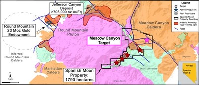 Figure 1. Digital geologic map of Nevada from the Nevada Bureau of Mines and Geology showing the regional geology to include major faults, gold mineral occurrences, Spanish Moon Targets (red stars = targets outside of Meadow Canyon Plan of Operations, pink star = target within Meadow Canyon Plan of Operations), and arsenic anomalies (Shaw, 2003). Round Mountain gold endowment from Kinross (2021), Jefferson Canyon inferred gold resource from Gold79 (2022). (CNW Group/Eminent Gold Corp.)