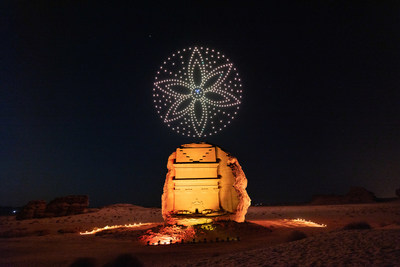 A celebration of light draws above Hegra, the UNESCO World Heritage Site in the Northwest of the Kingdom of Saudi Arabia. Hegra’s Drone Light Show explores the origins and beauty of light in its purest form. Light is the cornerstone of wellness, powering minds and bodies. The light show marks the end of AlUla Wellness Festival, which is the first of a series of festivals and events forming together AlUla Moments Calendar. (PRNewsfoto/The Royal Commission For AlUla, Kingdom of Saudi Arabia)