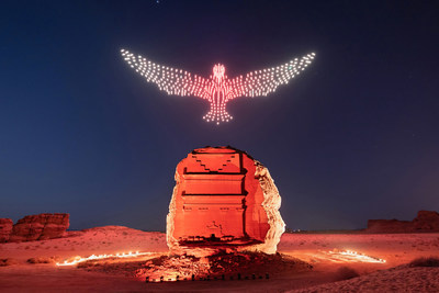 A drawing of a flying falcon above the Tomb of Lyhian Son of Kuza at Hegra, the first UNESCO World Heritage Site in the Kingdom of Saudi Arabia. Hegra’s Drone Light Show explores the origins and beauty of light in its purest form through a performative artwork at the intersection of technology where luminous drones will fly in the dark sky of AlUla to create a flying sculpture accompanied with music. (PRNewsfoto/The Royal Commission For AlUla, Kingdom of Saudi Arabia)