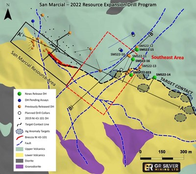 Figure 1:   Location of 2022 Drill Holes - Southeast Area and San Marcial Resource Area (CNW Group/GR Silver Mining Ltd.)