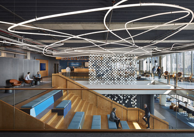Crain’s Chicago Business has chosen TAG - The Aspen Group headquarters as one of its Coolest Offices for 2022. Communal gathering spaces like Aspen Market food court with its blue brick and rough-hewn wood reflecting the bustling local neighborhood. (Image Credit: Perkins&Will for The Aspen Group)