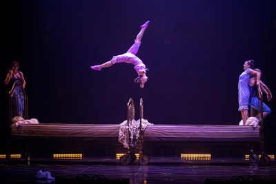 Artists from Cirque du Soleil show Corteo performs in front of a live audience.