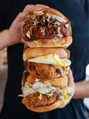 The Crack Shack's legendary chicken sandwiches are a hearty handful.