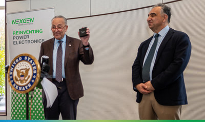 New York Senator Schumer, left, and Shahin Sharifzadeh, Co-CEO, NexGen Power Systems, right, during NexGen Syracuse FAB-1