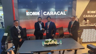 Sumanth P, ICOMM Chief and Hamad Alameri, CEO of CARACAL exchange the signed partnership agreement to develop a full portfolio of locally manufactured small arms for the Indian Defence Services and for international export under the 'Make in India-Aatmanirbhar Bharat' initiative