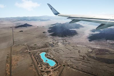 The lagoon powered by Crystal Lagoons technology at Citystars Sharm El Sheik project in the middle of the Sinai desert seen from the air. 