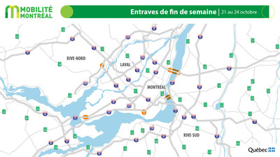1. Entraves de fin de semaine, 21 au 24 octobre (Groupe CNW/Ministère des Transports) 1. Entraves de fin de semaine, 21 au 24 octobre (Groupe CNW/Ministère des Transports)