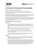 ATCO REPORTS THIRD QUARTER 2022 EARNINGS (CNW Group/ATCO Ltd.)