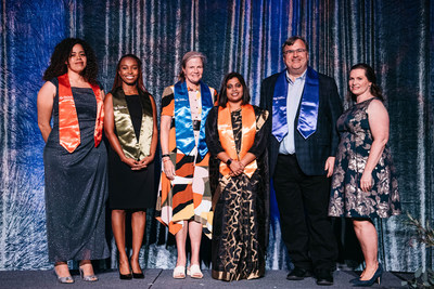 The 2022-2023 Tech for Global Good Laureates Sarah Richardson of MicroByre, Aliya Nealy of Goodr, Joan Salwen of Blue Ocean Barns, Shriti Pandey of Strawcture, Global Humanitarian Reid Hoffman and President and CEO of The Tech Katrina Stevens gather in downtown San Jose. The laureates were honored for creating technology improving the environment and are featured in an exhibition at The Tech Interactive.