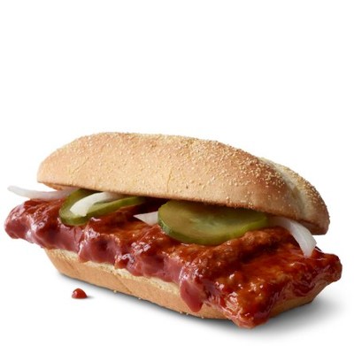 The McRib® is a tantalizing sandwich made with seasoned boneless pork slathered in tangy BBQ sauce, topped with slivered onions and tart dill pickles, served on a homestyle bun.