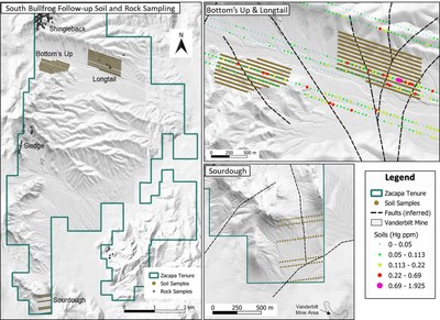 Figure 1 – Maps of recently completed soil and rock sampling following up anomalies from prior sampling campaigns and zones of visible alteration in mapping. Map in the upper left displays an overview of the South Bullfrog area and is surrounded by detailed maps displaying the soil and rock sampling locations in the respective target areas. (CNW Group/Zacapa Resources)