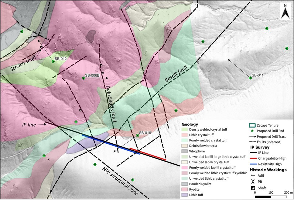 Figure 3 – Geologic map of the Shingleback area and proposed drill holes (above) and IP Resistivity cross section along IP geophysical survey line (below left) displaying the location of the high resistivity zone targeted by drill hole SB-016. Field photograph of the Twin Shafts fault outcrop (below right). (CNW Group/Zacapa Resources)
