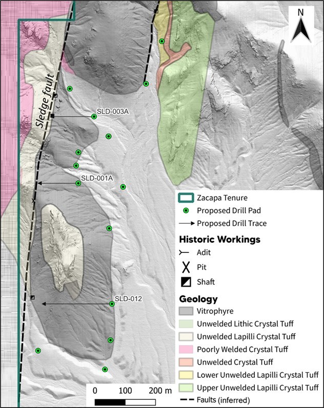 Figure 4 – Location map illustrating the extent of the Sledge fault and potential drill locations along its strike length. (CNW Group/Zacapa Resources)