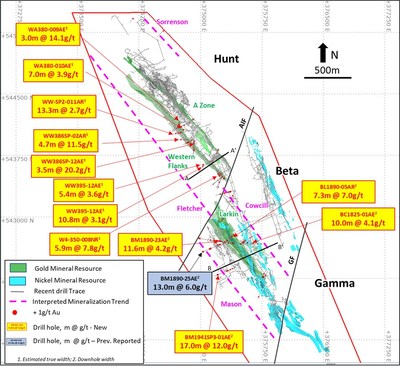 Figure 1: Beta Hunt plan view showing all drill traces with gold results received for period July 24 – October 13, 2022. Significant results labelled. (CNW Group/Karora Resources Inc.)