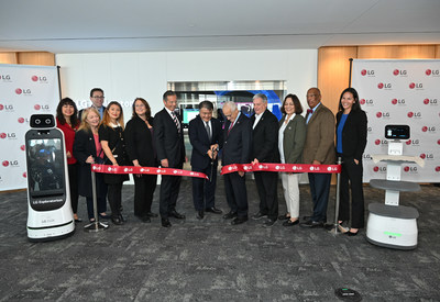 Ribbon is cut on new LG Exploratorium; (l-r) Bergen County Commissioner Germaine Ortiz, Bergen County Commissioner Mary Amoroso, Assemblyman Chris Tully, Assemblywoman Ellen Park, Bergen County Commissioner Pres. Tracy Zur, Englewood Cliffs Mayor Mario Kranjac, LG Electronics North America Pres. & CEO Thomas Yoon, Congressman Bill Pascrell, Jr., Bergen County Exec. Jim Tedesco, Assemblywoman Shama Haider, State Sen. Gordon Johnson, Discovery Education General Manager of Social Impact Amy Nakamoto.